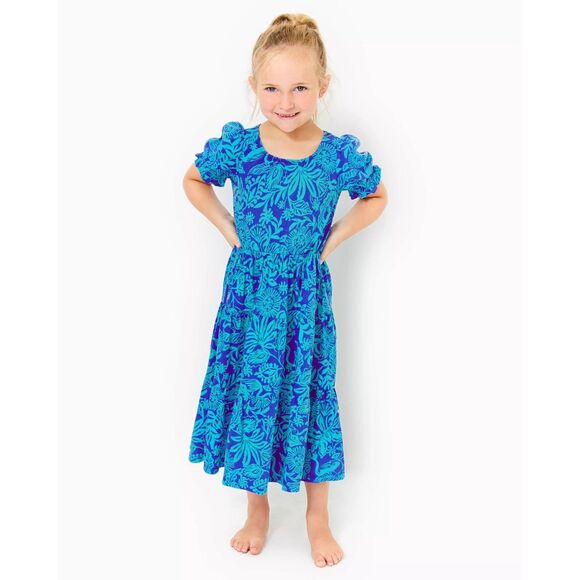 Lilly Pulitzer Girls Dean Midi Dress Floral Puff Sleeve Cotton S 4-5 Yrs 278522